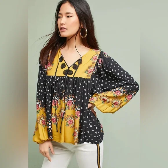 Anthro Farm Rio Floral Polka Dot Tassel Tie Blouse Top - Picture 5 of 16